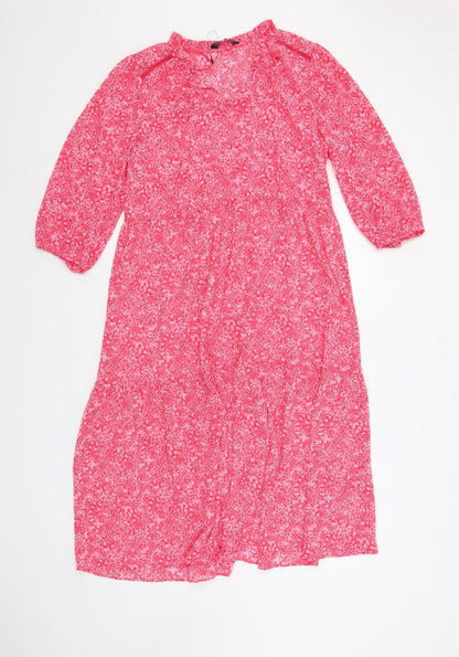 Marks and Spencer Womens Pink Floral Polyester A-Line Size 8 V-Neck Pullover - Sheer