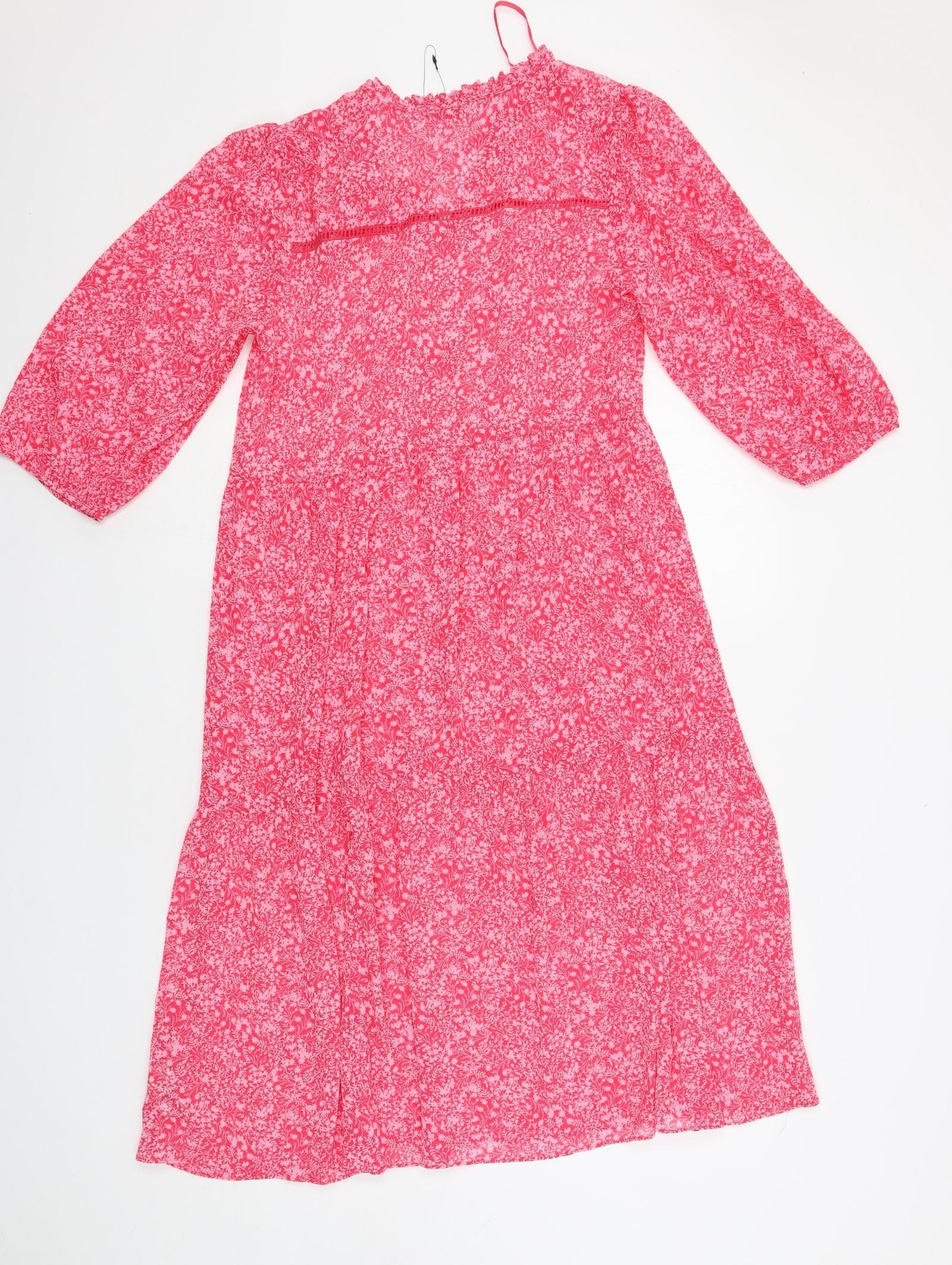 Marks and Spencer Womens Pink Floral Polyester A-Line Size 8 V-Neck Pullover - Sheer