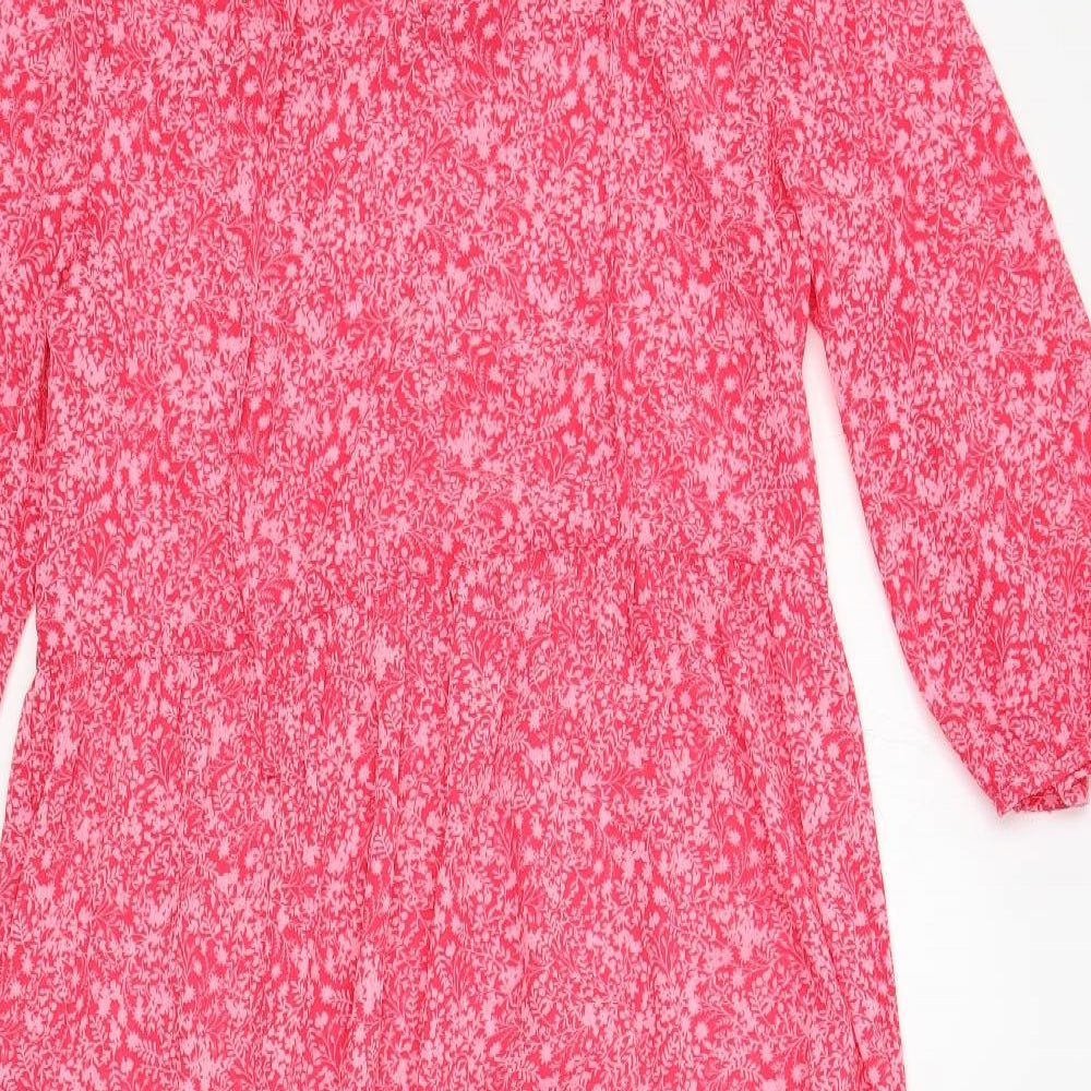 Marks and Spencer Womens Pink Floral Polyester A-Line Size 8 V-Neck Pullover - Sheer