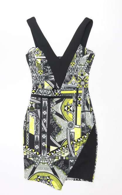 Miss Selfridge Womens Black Geometric Polyester Bodycon Size 6 Scoop Neck Pullover - Wrap Style