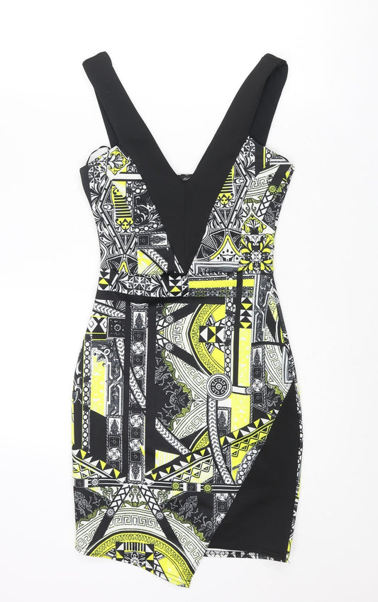 Miss Selfridge Womens Black Geometric Polyester Bodycon Size 6 Scoop Neck Pullover - Wrap Style