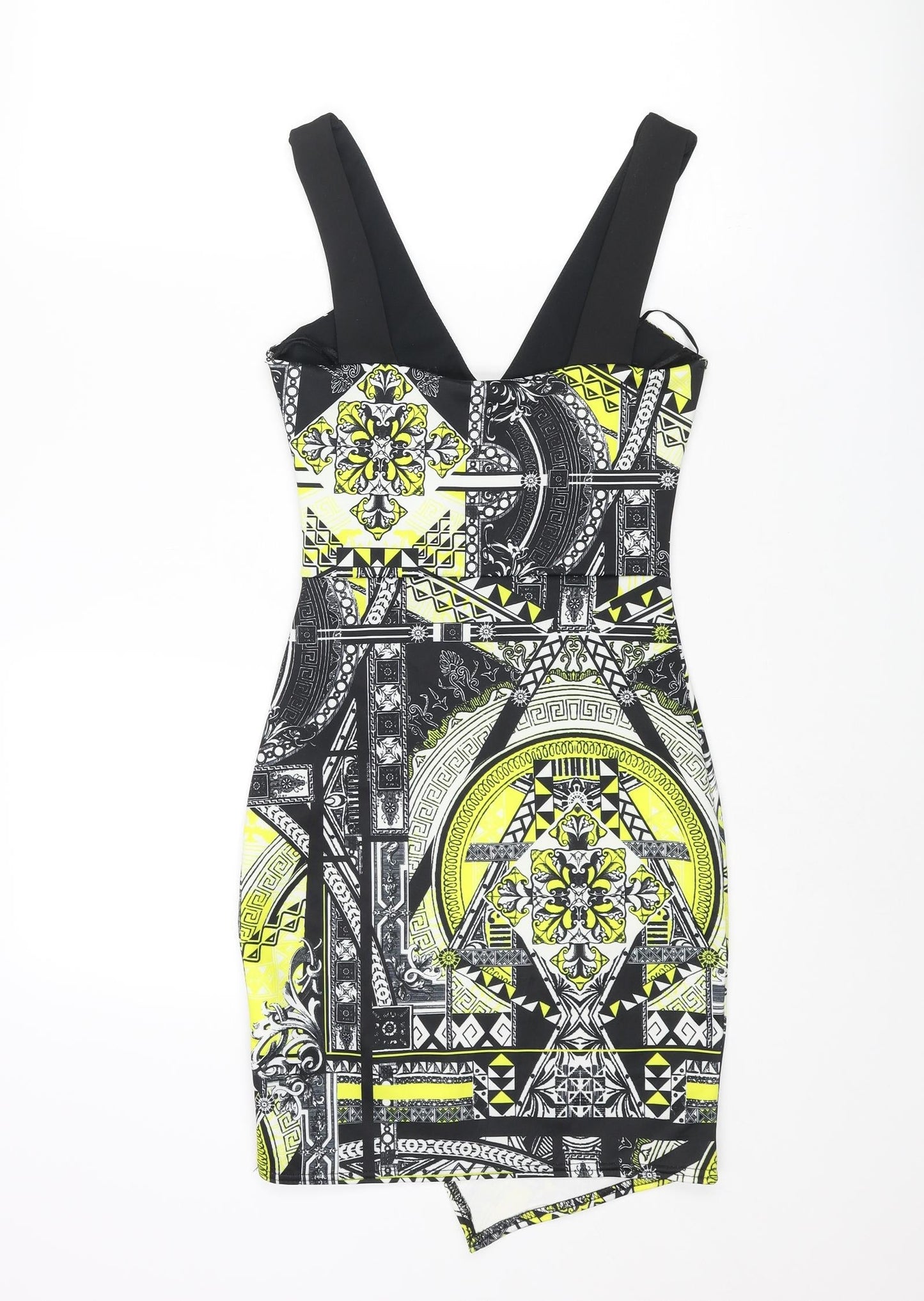 Miss Selfridge Womens Black Geometric Polyester Bodycon Size 6 Scoop Neck Pullover - Wrap Style