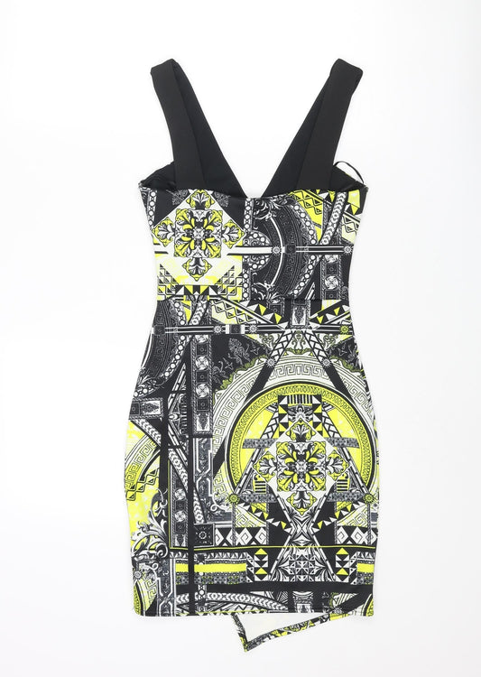 Miss Selfridge Womens Black Geometric Polyester Bodycon Size 6 Scoop Neck Pullover - Wrap Style