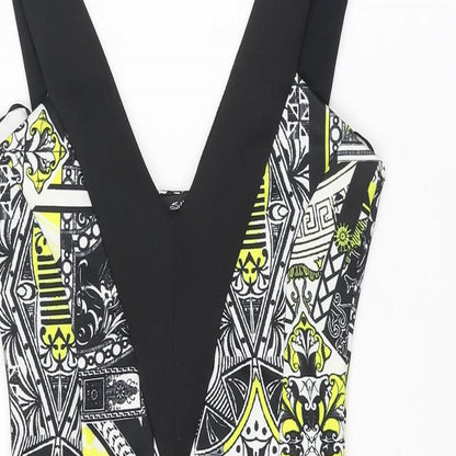 Miss Selfridge Womens Black Geometric Polyester Bodycon Size 6 Scoop Neck Pullover - Wrap Style