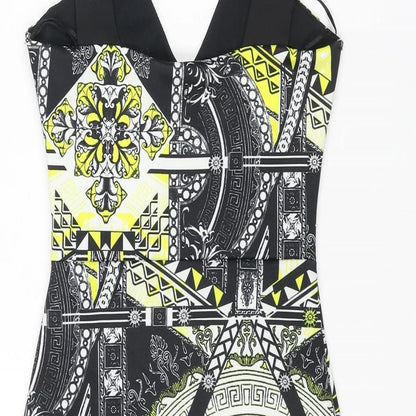 Miss Selfridge Womens Black Geometric Polyester Bodycon Size 6 Scoop Neck Pullover - Wrap Style