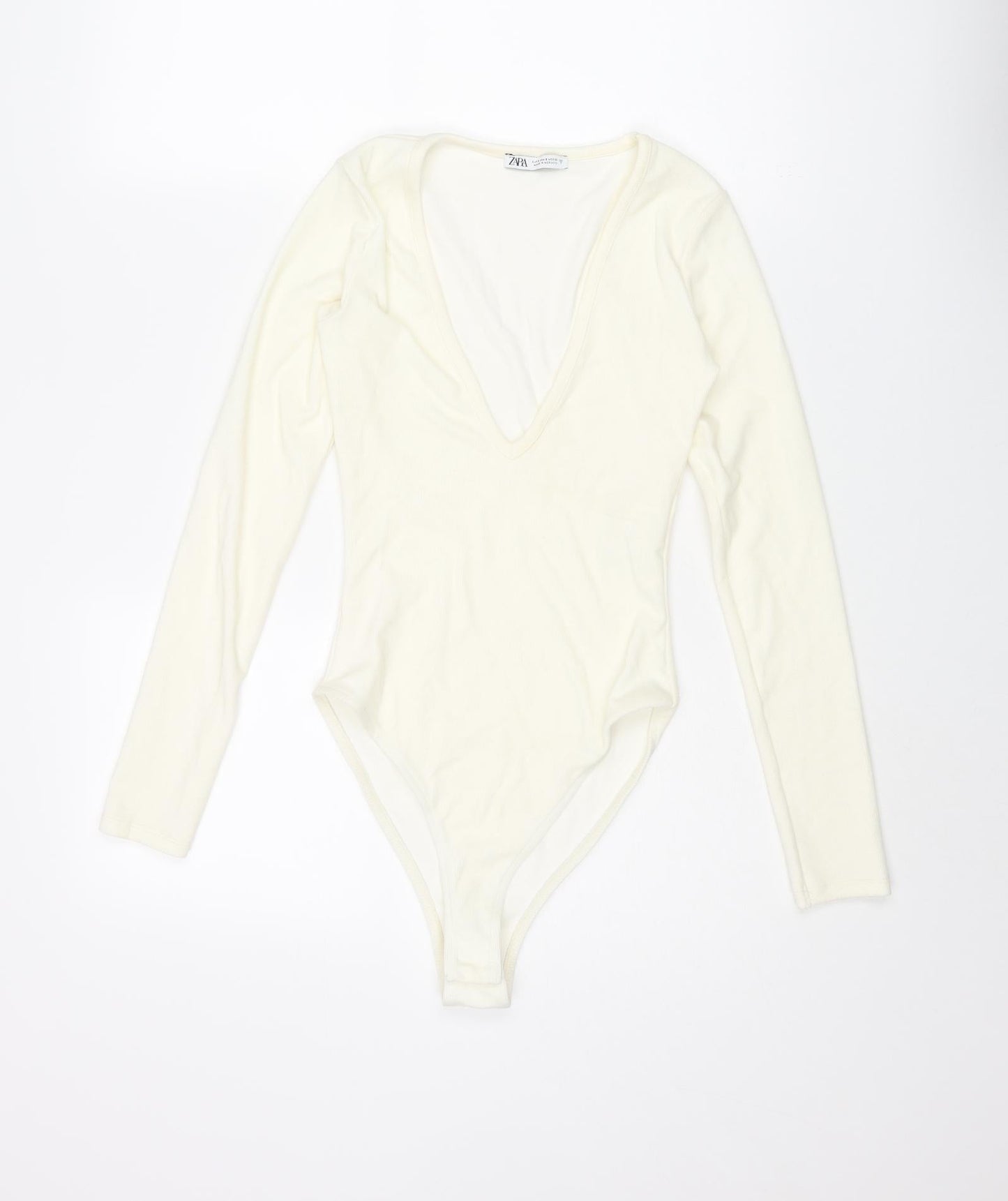Zara Womens Ivory Polyester Bodysuit One-Piece Size S Snap - Ribbed
