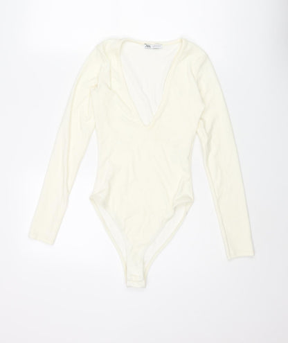 Zara Womens Ivory Polyester Bodysuit One-Piece Size S Snap - Ribbed