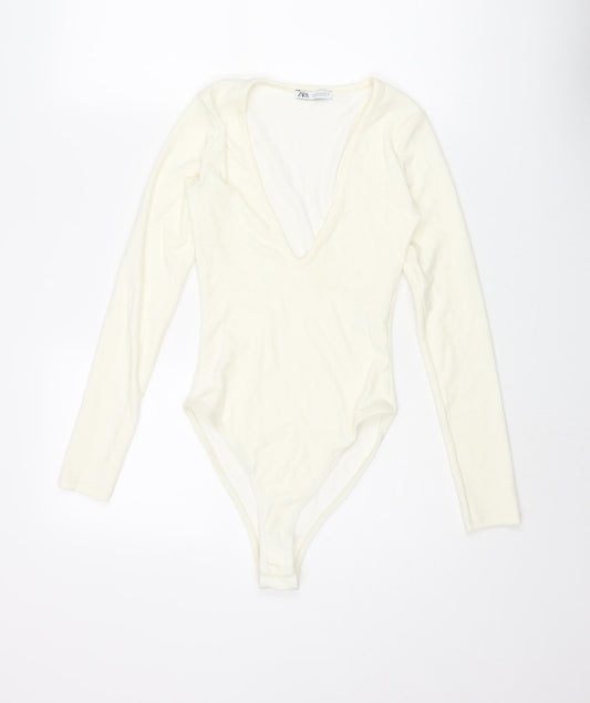 Zara Womens Ivory Polyester Bodysuit One-Piece Size S Snap - Ribbed