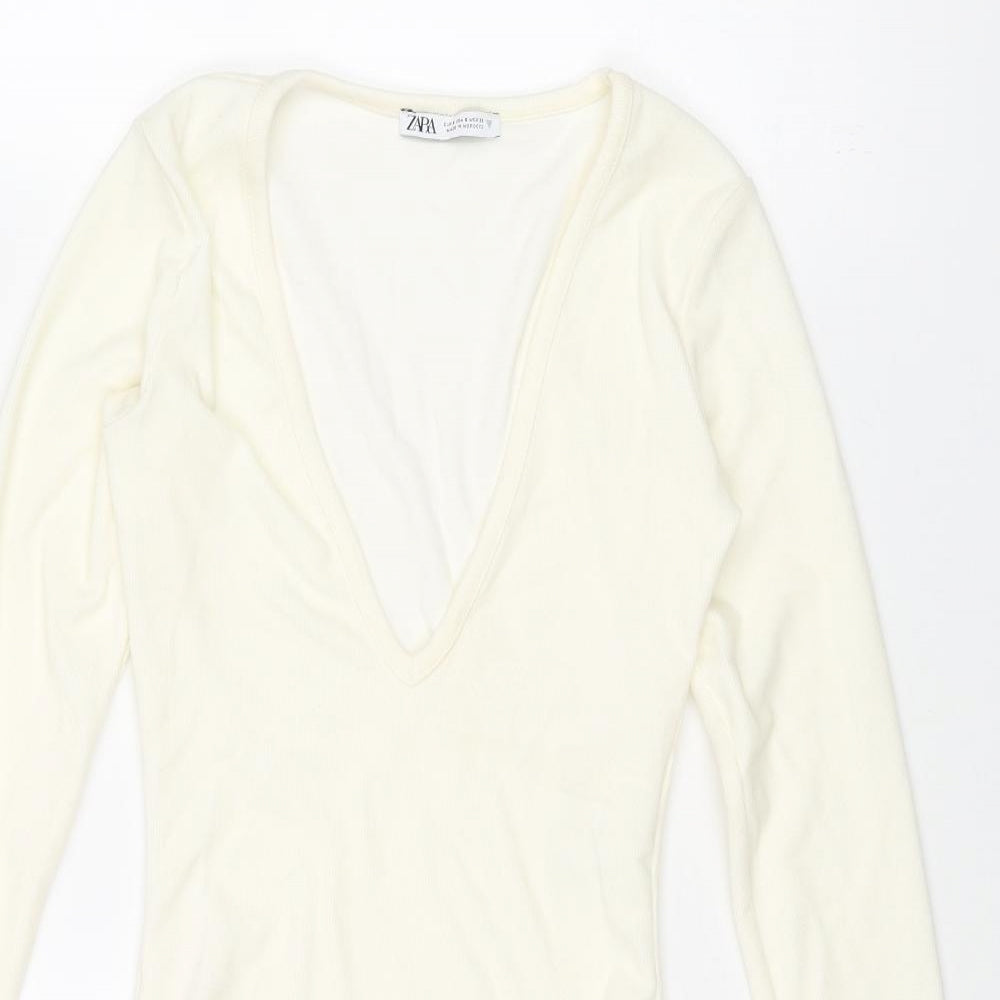 Zara Womens Ivory Polyester Bodysuit One-Piece Size S Snap - Ribbed