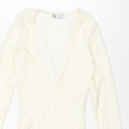 Zara Womens Ivory Polyester Bodysuit One-Piece Size S Snap - Ribbed