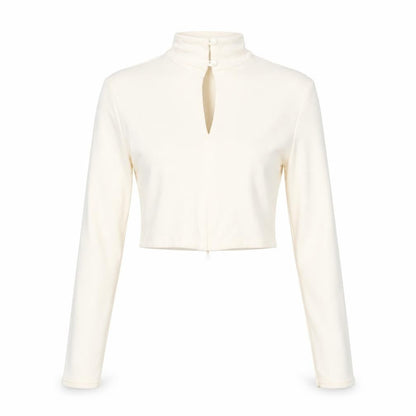 PRETTYLITTLETHING Womens Ivory Polyester Cropped Blouse Size 4 Mock Neck - Open Front Drawstring