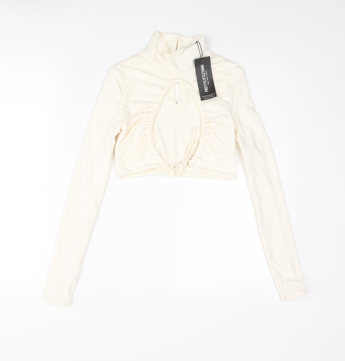 PRETTYLITTLETHING Womens Ivory Polyester Cropped Blouse Size 4 Mock Neck - Open Front Drawstring