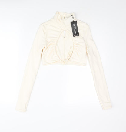 PRETTYLITTLETHING Womens Ivory Polyester Cropped Blouse Size 4 Mock Neck - Open Front Drawstring