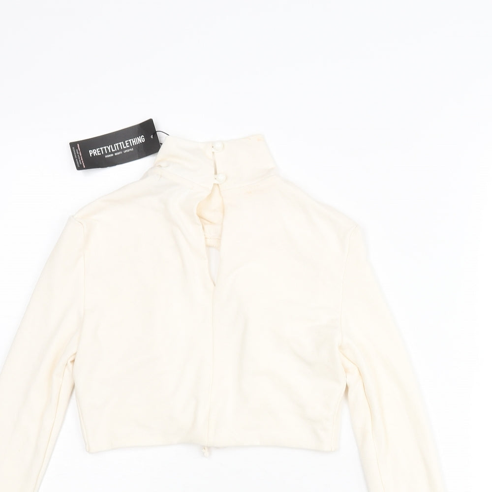 PRETTYLITTLETHING Womens Ivory Polyester Cropped Blouse Size 4 Mock Neck - Open Front Drawstring