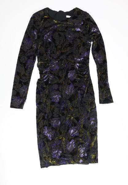 Classic Womens Multicoloured Floral Polyester Pencil Dress Size 10 Round Neck Zip - Velvet Detail Rouched