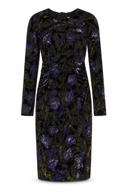 Classics Womens Multicoloured Floral Polyester Pencil Dress Size 10 Round Neck Zip - Velvet Detail Rouched
