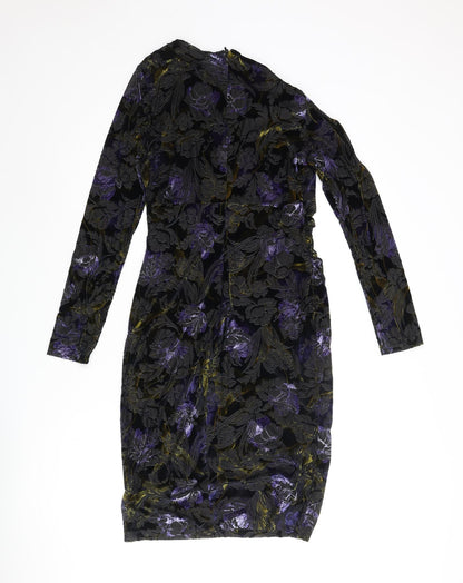 Classic Womens Multicoloured Floral Polyester Pencil Dress Size 10 Round Neck Zip - Velvet Detail Rouched