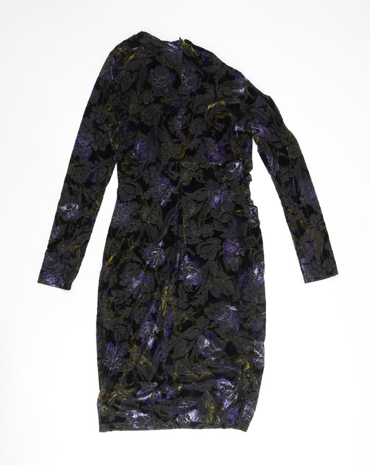 Classic Womens Multicoloured Floral Polyester Pencil Dress Size 10 Round Neck Zip - Velvet Detail Rouched