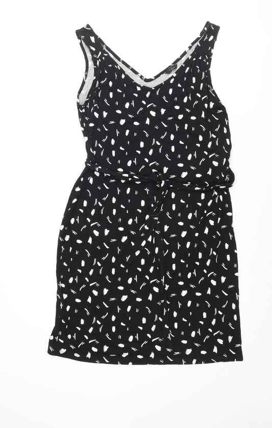 M&Co Womens Black Geometric Viscose Shift Size 10 V-Neck Pullover - Belted