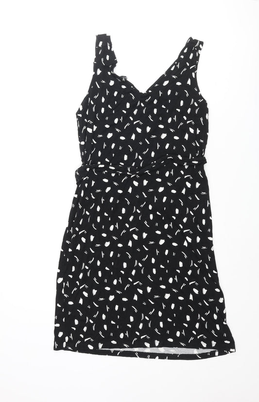 M&Co Womens Black Geometric Viscose Shift Size 10 V-Neck Pullover - Belted