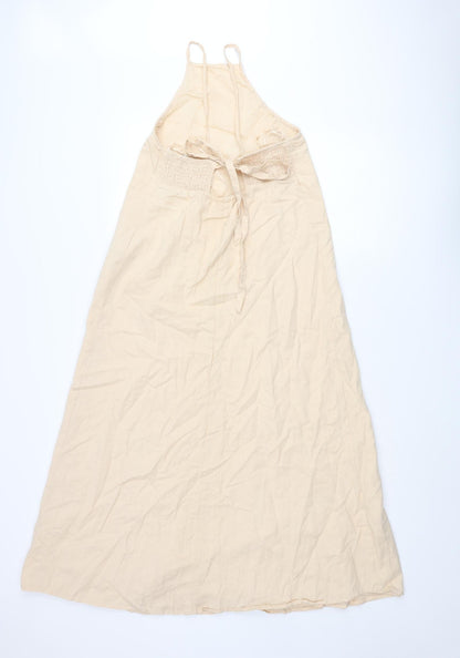 Zara Womens Pink Cotton Shift Size S Square Neck Tie - Embroidered Detail