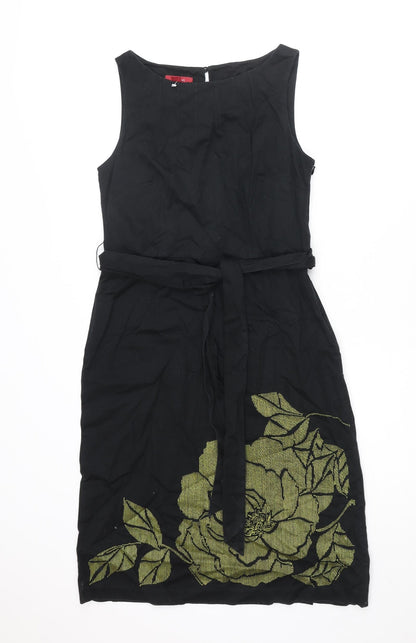 Monsoon Womens Black Cotton Pencil Dress Size 10 Round Neck Zip - Floral Embroidery Belted
