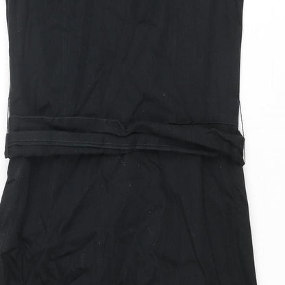 Monsoon Womens Black Cotton Pencil Dress Size 10 Round Neck Zip - Floral Embroidery Belted