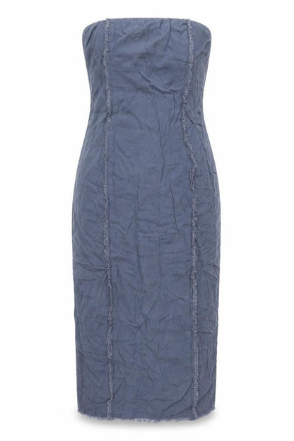 Glassons Womens Blue Linen Pencil Dress Size 12 Square Neck Zip - Raw Seam Detail
