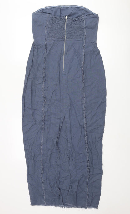 Glassons Womens Blue Linen Pencil Dress Size 12 Square Neck Zip - Raw Seam Detail