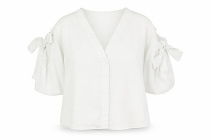 Topshop Womens White Polyester Basic Blouse Size 8 V-Neck - Sleeve Tie