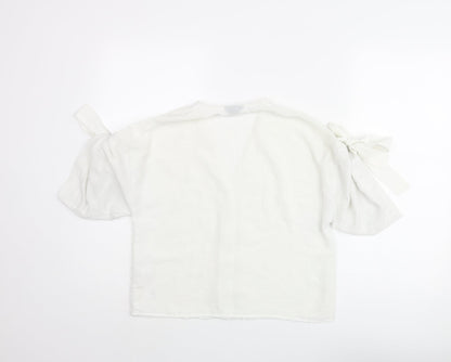 Topshop Womens White Polyester Basic Blouse Size 8 V-Neck - Sleeve Tie