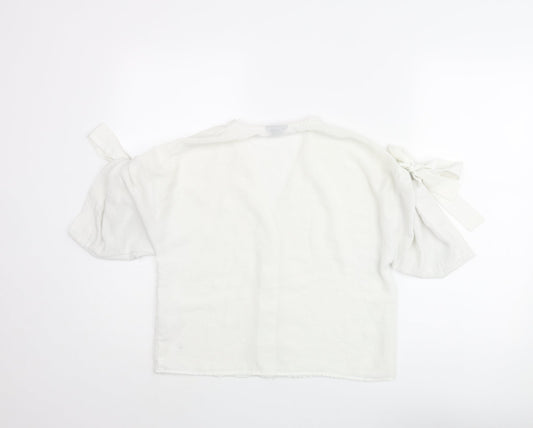 Topshop Womens White Polyester Basic Blouse Size 8 V-Neck - Sleeve Tie