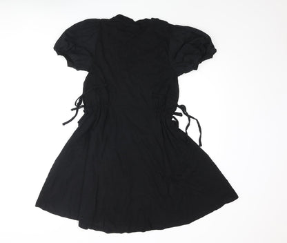 Topshop Womens Black Cotton A-Line Size 8 Round Neck Pullover - Drawstring Detail