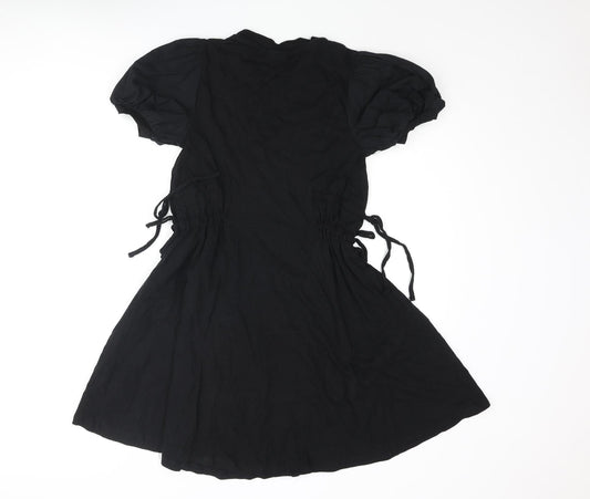Topshop Womens Black Cotton A-Line Size 8 Round Neck Pullover - Drawstring Detail
