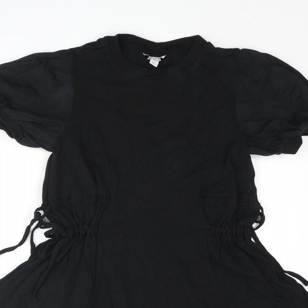 Topshop Womens Black Cotton A-Line Size 8 Round Neck Pullover - Drawstring Detail