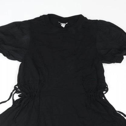 Topshop Womens Black Cotton A-Line Size 8 Round Neck Pullover - Drawstring Detail