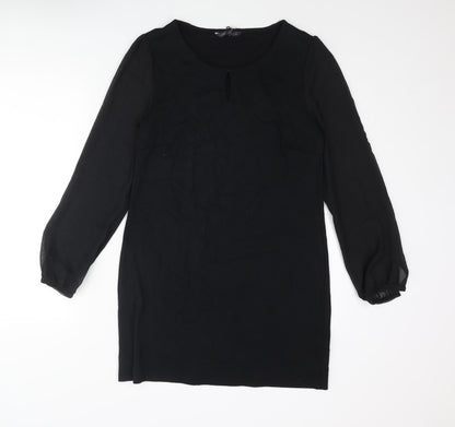 Marks and Spencer Womens Black Polyester Shift Size 12 Round Neck Button - Keyhole Neck Semi Sheer Sleeve