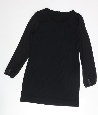 Marks and Spencer Womens Black Polyester Shift Size 12 Round Neck Button - Keyhole Neck Semi Sheer Sleeve
