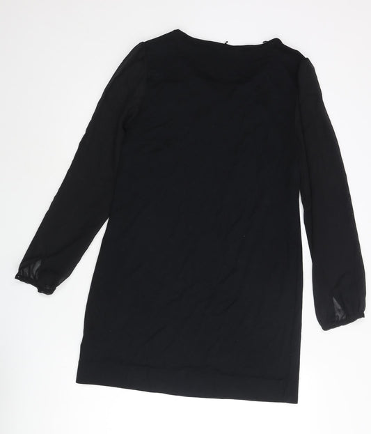 Marks and Spencer Womens Black Polyester Shift Size 12 Round Neck Button - Keyhole Neck Semi Sheer Sleeve