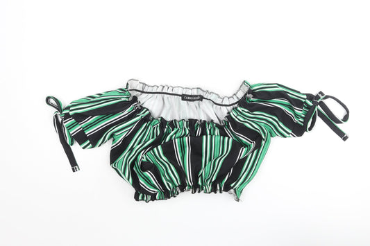 Cameo Rose Womens Green Striped Polyester Cropped Blouse Size 10 Off the Shoulder - Bow