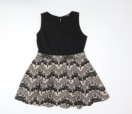 Miss Selfridge Womens Black Polyester Skater Dress Size 14 Round Neck Button - Geometric Print