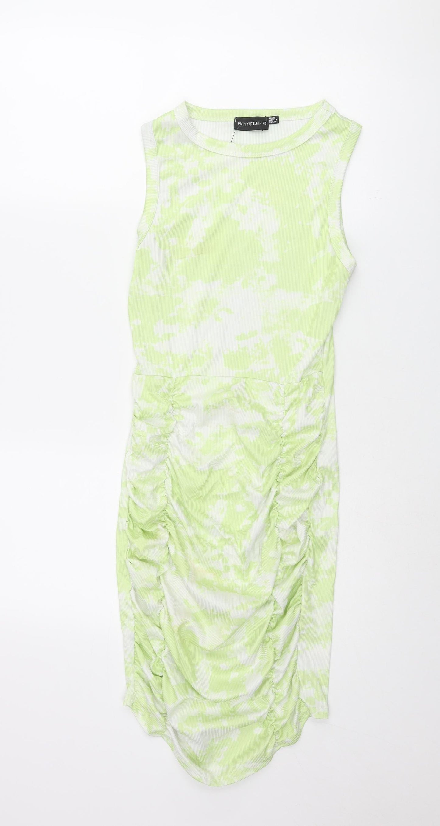 PRETTYLITTLETHING Womens Green Geometric Polyester Tank Dress Size 8 Round Neck Pullover - Rouched