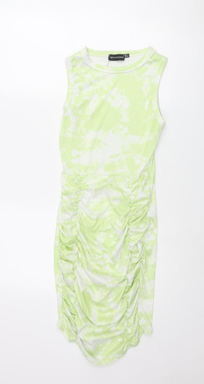 PRETTYLITTLETHING Womens Green Geometric Polyester Tank Dress Size 8 Round Neck Pullover - Rouched