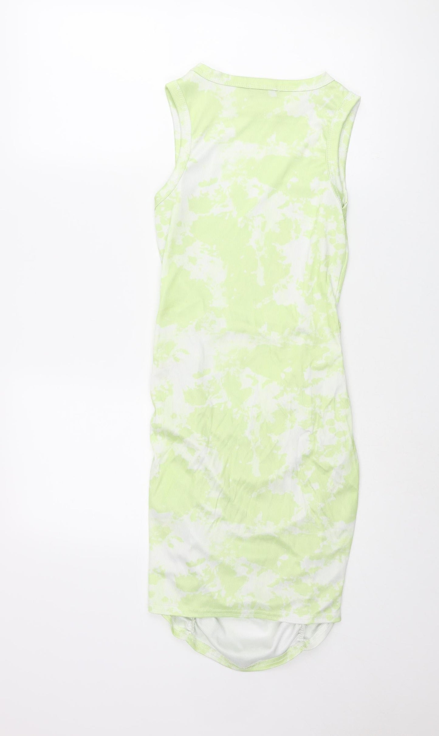 PRETTYLITTLETHING Womens Green Geometric Polyester Tank Dress Size 8 Round Neck Pullover - Rouched