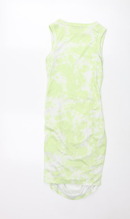 PRETTYLITTLETHING Womens Green Geometric Polyester Tank Dress Size 8 Round Neck Pullover - Rouched