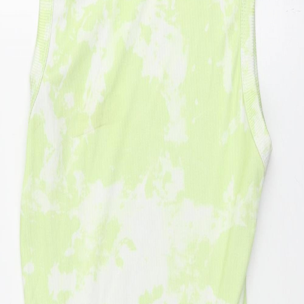 PRETTYLITTLETHING Womens Green Geometric Polyester Tank Dress Size 8 Round Neck Pullover - Rouched