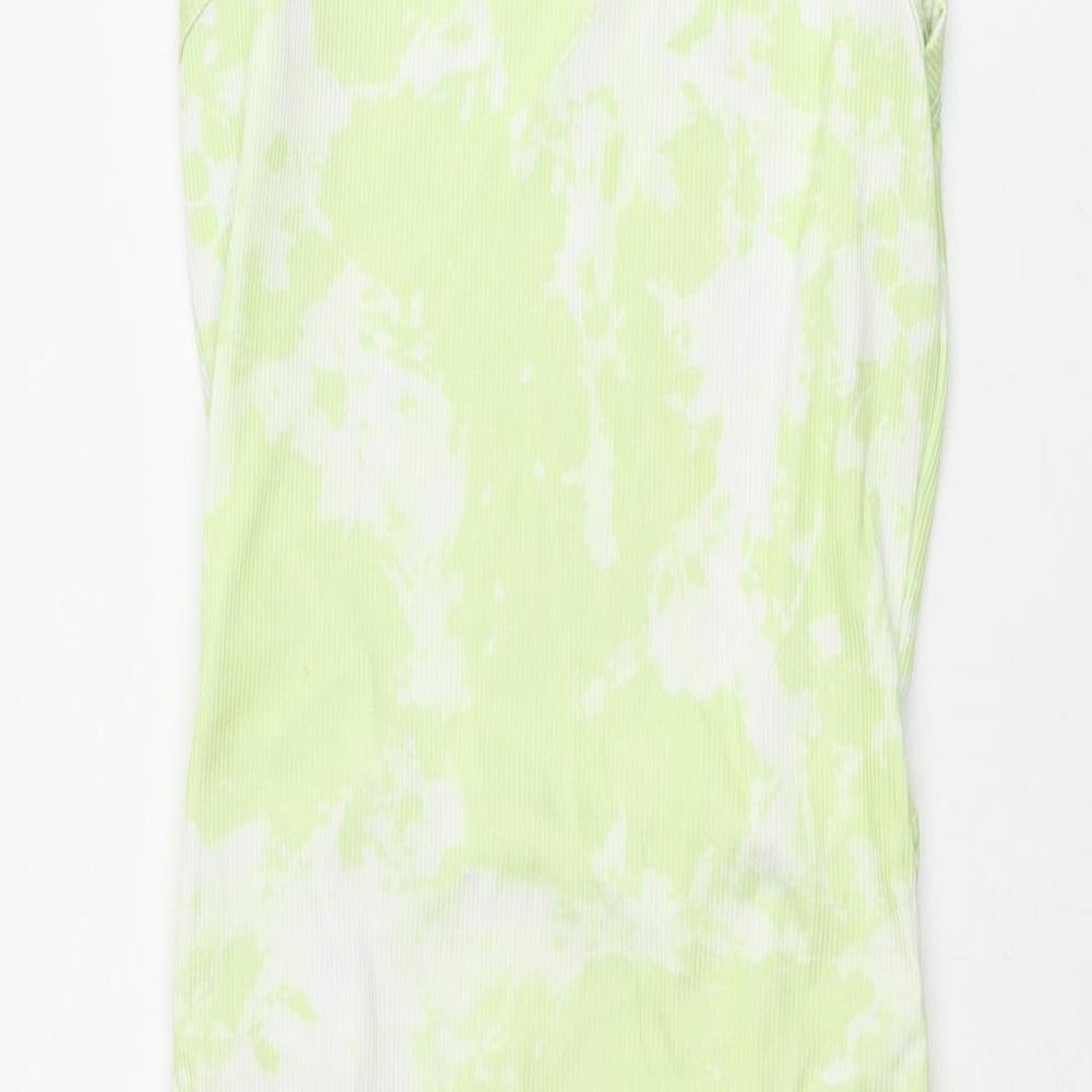 PRETTYLITTLETHING Womens Green Geometric Polyester Tank Dress Size 8 Round Neck Pullover - Rouched