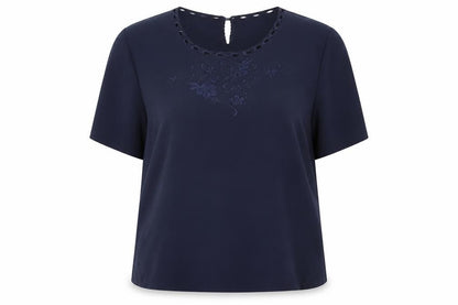 Lyndella Womens Blue Polyester Basic Blouse Size 16 Round Neck - Floral Embroidery