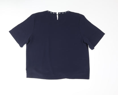 Lyndella Womens Blue Polyester Basic Blouse Size 16 Round Neck - Floral Embroidery