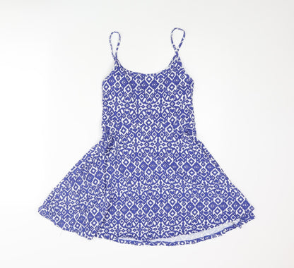 Divided by H&M Womens Blue Geometric Cotton Skater Dress Size S Scoop Neck Pullover